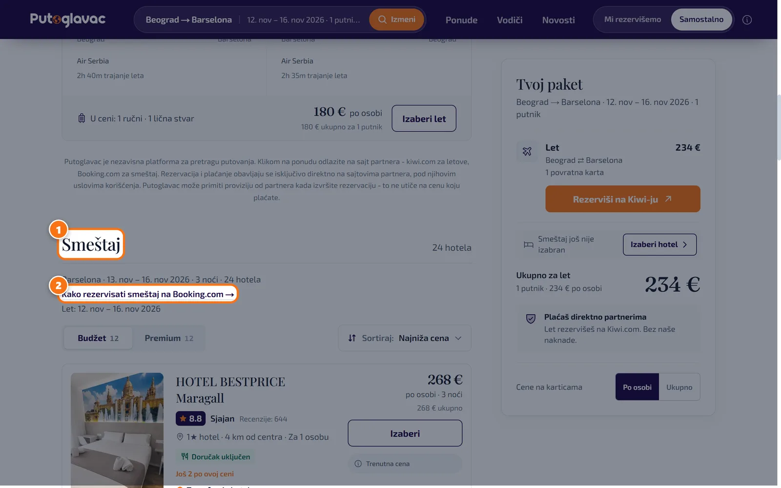 Stranica rezultata sa označenom sekcijom „Hoteli” i linkom „Kako rezervisati smeštaj na Booking.com”.