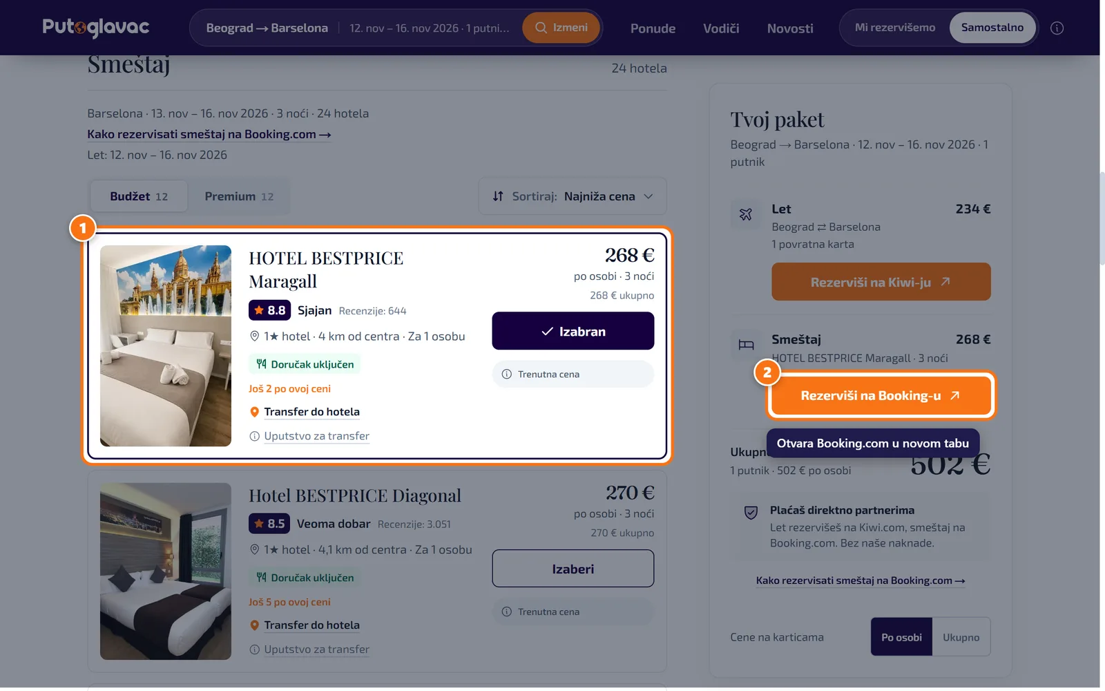 Kartica hotela sa dugmetom „Izaberi” i okvir „Tvoj izbor” sa dugmetom „Rezerviši na Booking-u”.