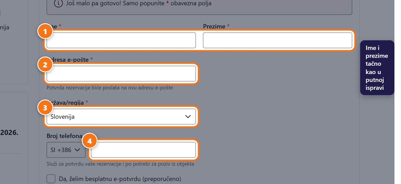 Booking.com forma za podatke gosta popunjena primerom: Petar Petrović, mejl, Srbija i srpski broj telefona.