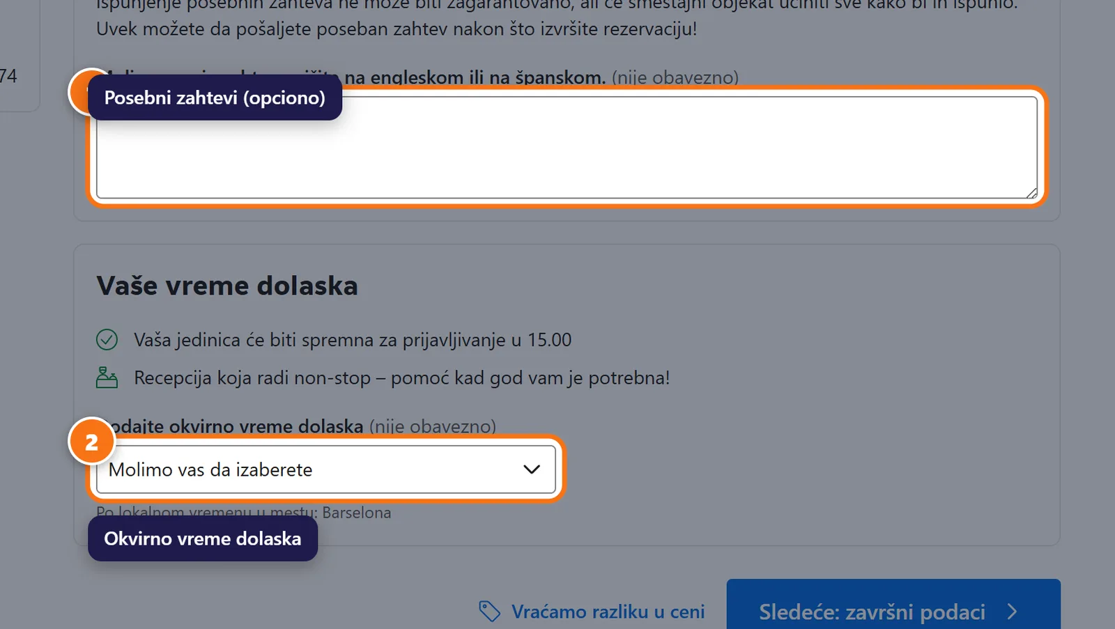 Booking.com polja za posebne zahteve i izbor vremena dolaska.