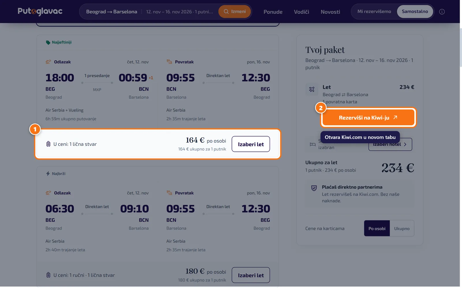 Kartica leta Beograd–Barselona sa dugmetom „Izaberi let” i okvir „Tvoj izbor” sa dugmetom „Rezerviši na Kiwi-ju”.
