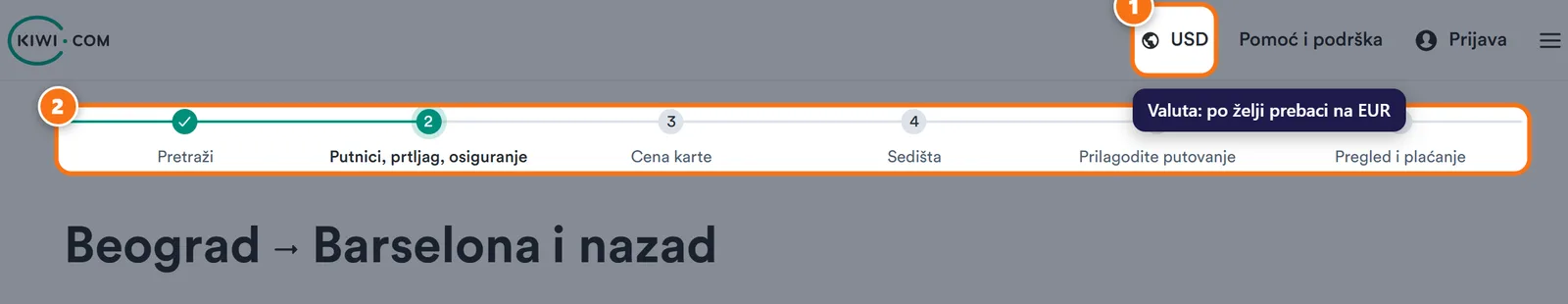 Vrh Kiwi.com stranice sa označenim izborom valute i trakom od šest koraka rezervacije.