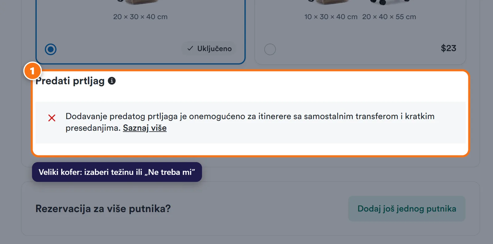 Kiwi.com izbor predatog prtljaga od 15, 20 i 23 kg sa cenama i opcijom „Ne treba mi predati prtljag”.