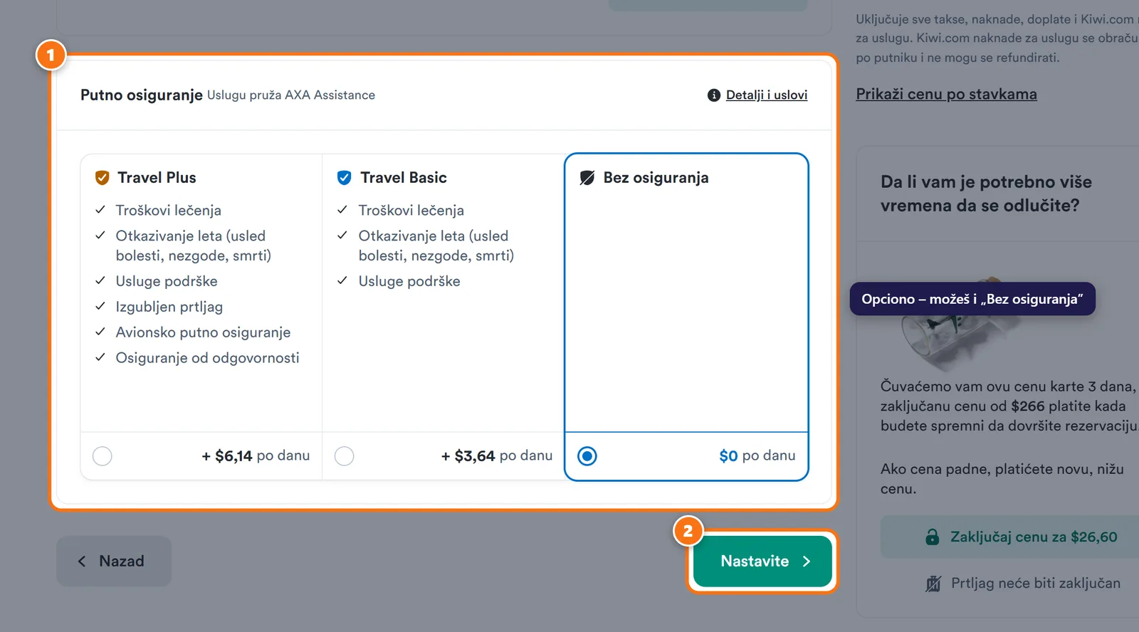 Kiwi.com izbor putnog osiguranja Travel Plus, Travel Basic ili Bez osiguranja, sa označenim dugmetom „Nastavite”.