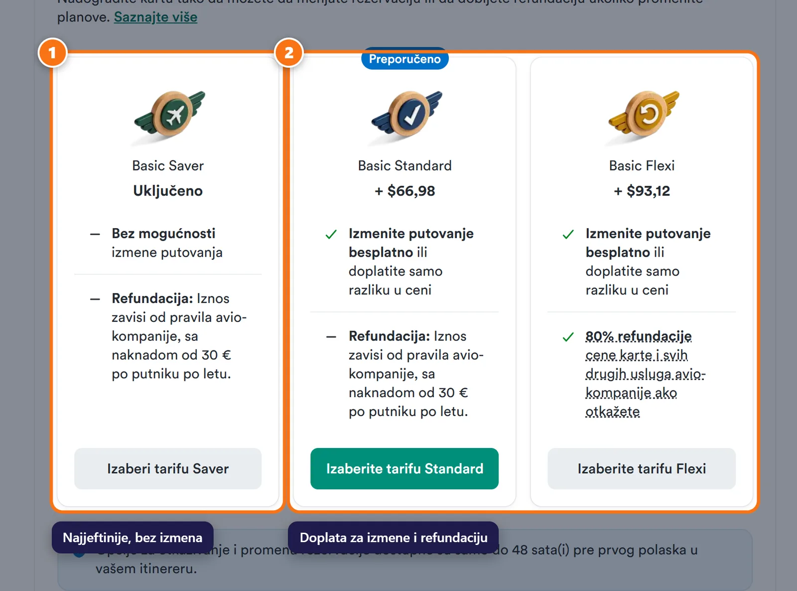 Kiwi.com tarife Basic Saver, Basic Standard i Basic Flexi sa opisom izmena i refundacije.
