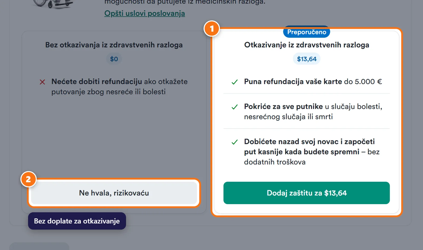 Kiwi.com ponuda zaštite za otkazivanje iz zdravstvenih razloga i dugme „Ne hvala, rizikovaću”.