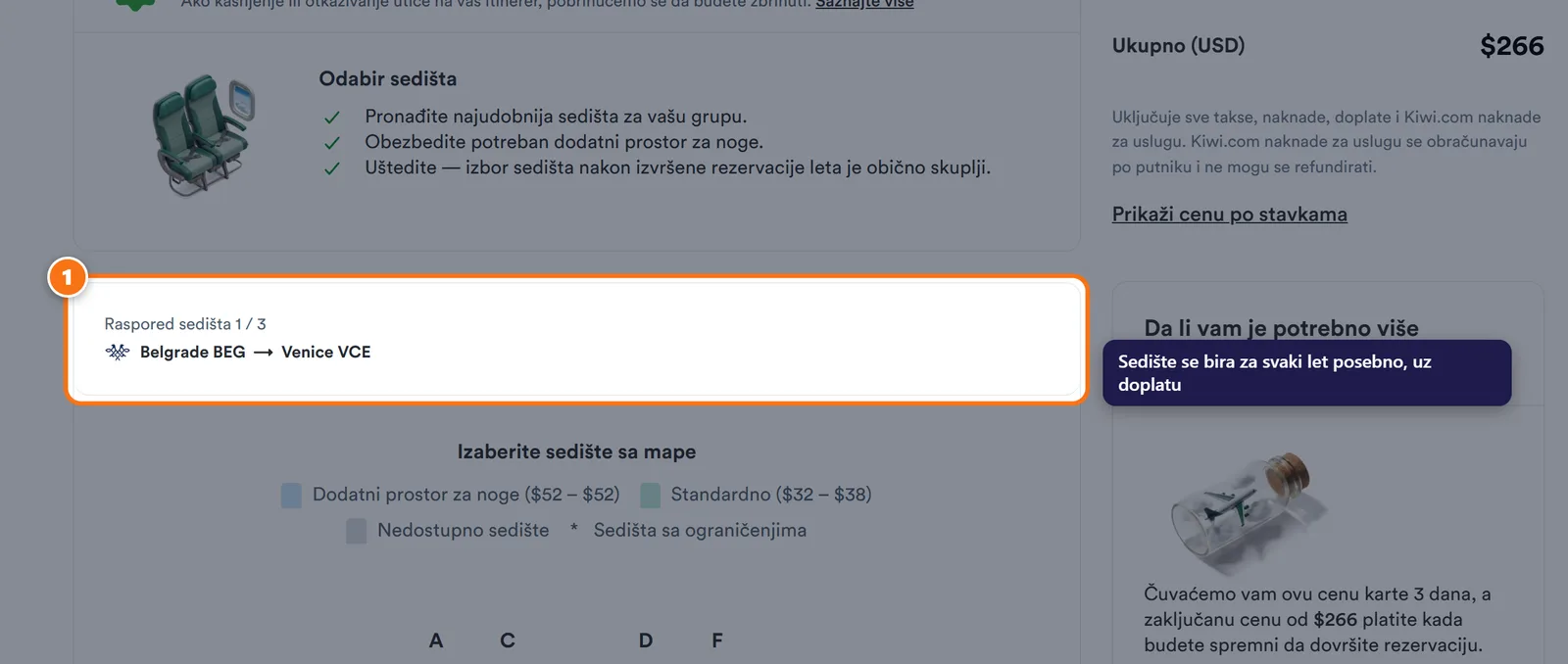 Kiwi.com mapa sedišta sa izborom leta i cenama sedišta.