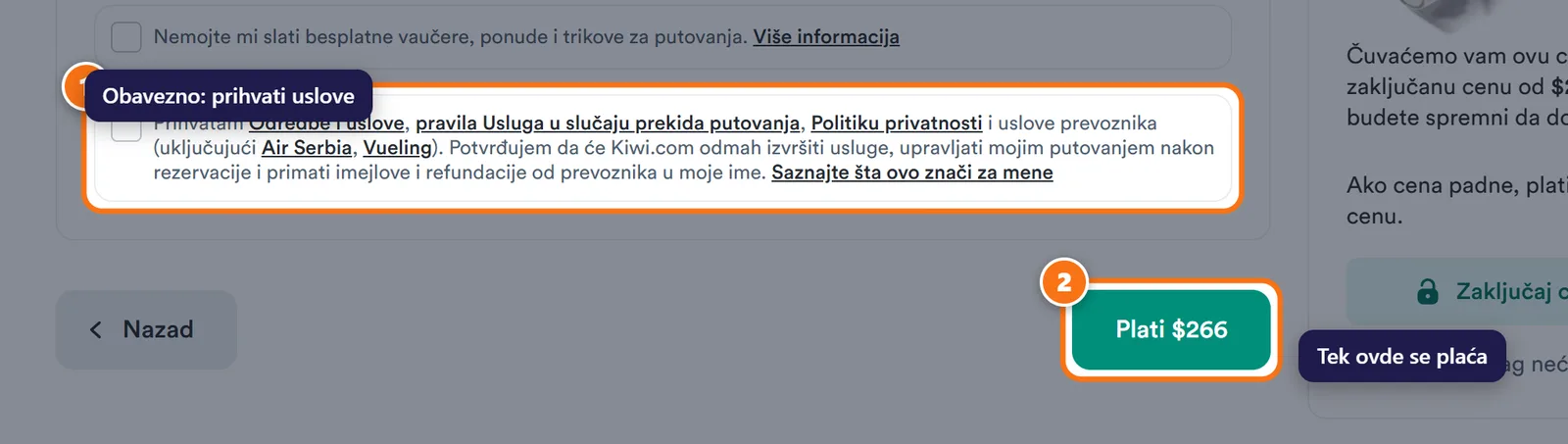 Kiwi.com polje za prihvatanje uslova i dugme „Plati” sa ukupnim iznosom.